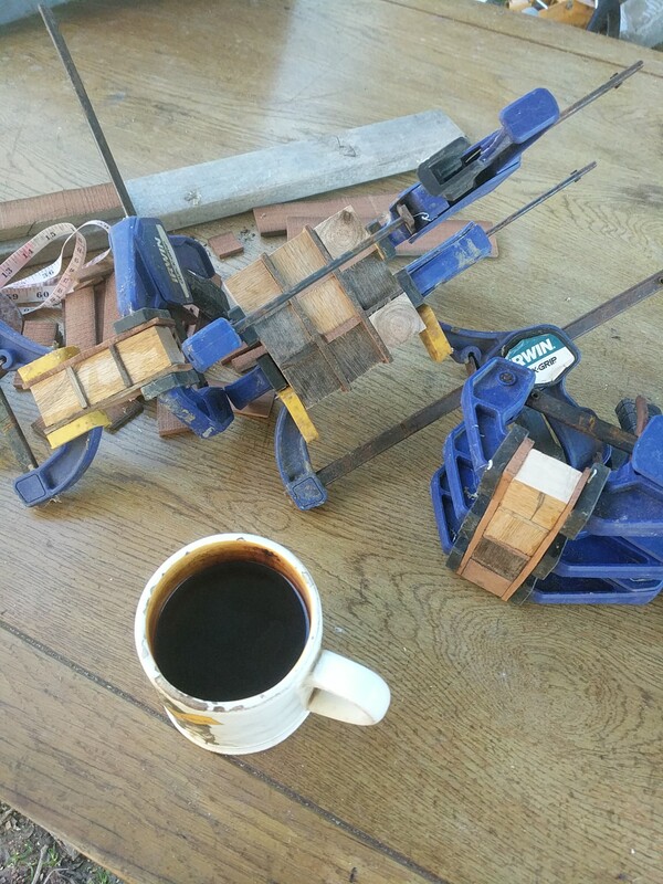 clamped and glued pieces of wood, and a cuppa coffee