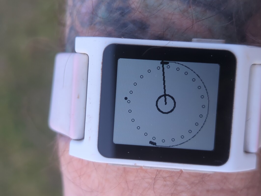 pebble watch on my wrist, showing 24 hour watchface, there is a thick circle in the middle of the watchface